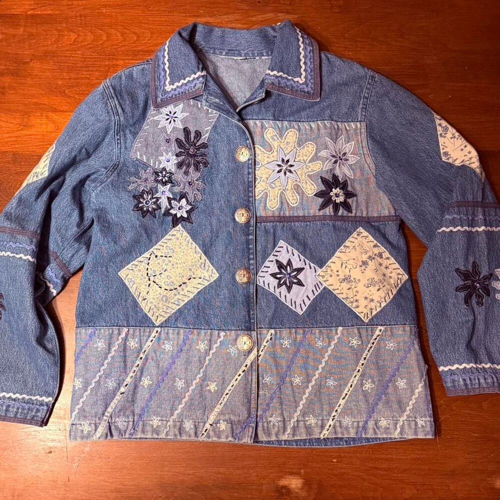 Denim jacket with floral embroidery and beading